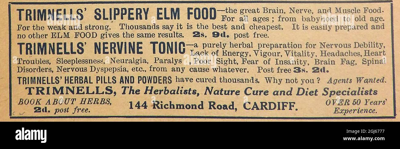 TRIMNELL'S HERBAL REMEDIES  of Richmond ,Cardiff, (Slippery Elm Food, Nervine tonic, pills & powders) - A 1920's advertisement from a copy of the English publication ' Buffalo Bill's Library'  (Aldine Publishing Co, Ltd. )  that issued a number of novelettes at a cost of  2d (two pence) known as dime novels, Though originating in America,  in Britain  they were known as boys' weeklies or  story papers and  were particularly   popular before  the Second World .War. Stock Photo