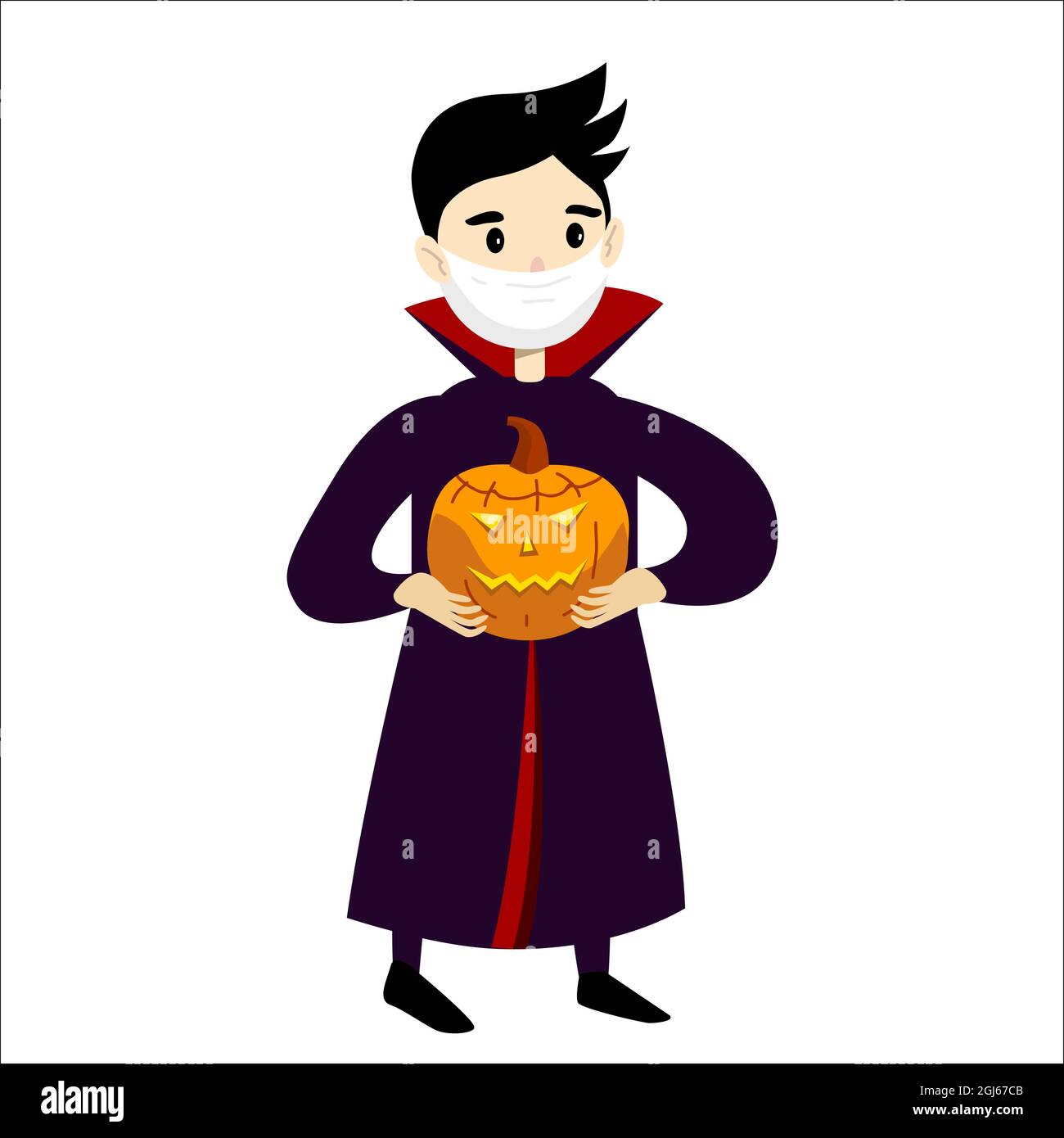 Little boy in halloween vampire costume and wear protective face mask. Coronavirus protection illustration. Vector illustration in cartoon style isola Stock Vector