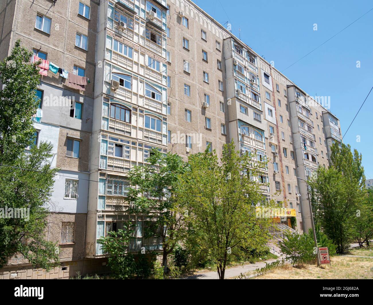 Typical living quarter built during the Soviet Union (Rayon). The capital Bishkek, Kyrgyzstan. (Editorial Use Only) Stock Photo