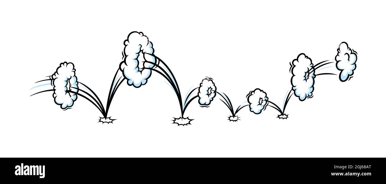 Comic clouds to show jumping motion. Trailed cartoon jumps with smoke ...