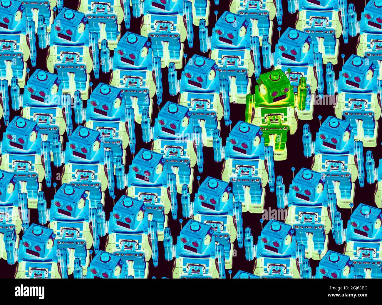 lots of robots in one direction and one moving in the other direction  bright colors Stock Photo