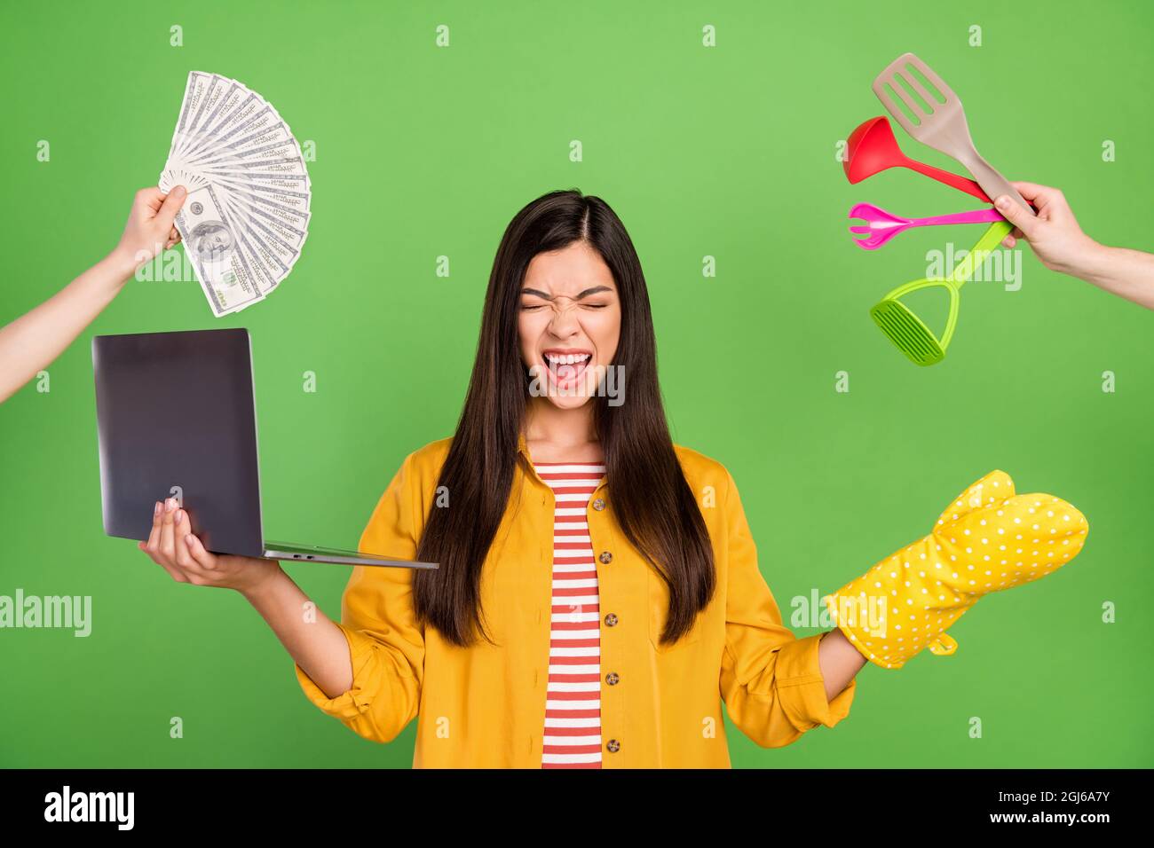 Overworked Cook Photo of crazy brown haired young woman wear yellow shirt scream ...