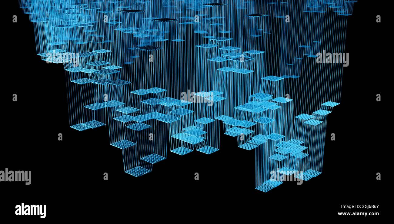 Abstract technology wallpaper with blue wireframe rectangles and squares floating against black background, conceptual design for science or research Stock Photo