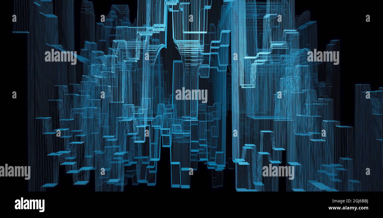 Abstract technology wallpaper with blue wireframe rectangles and squares floating against black background, conceptual design for science or research Stock Photo