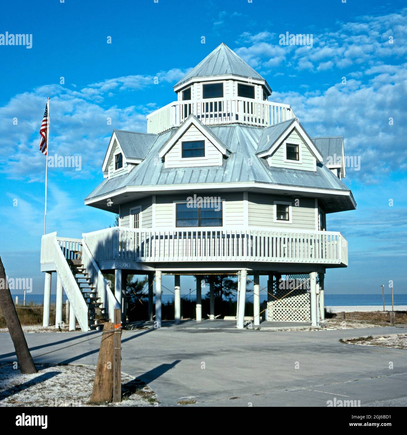 View of a tall Beach House with the sea to the rear, St. Petersburg, Florida, USA. Stock Photo