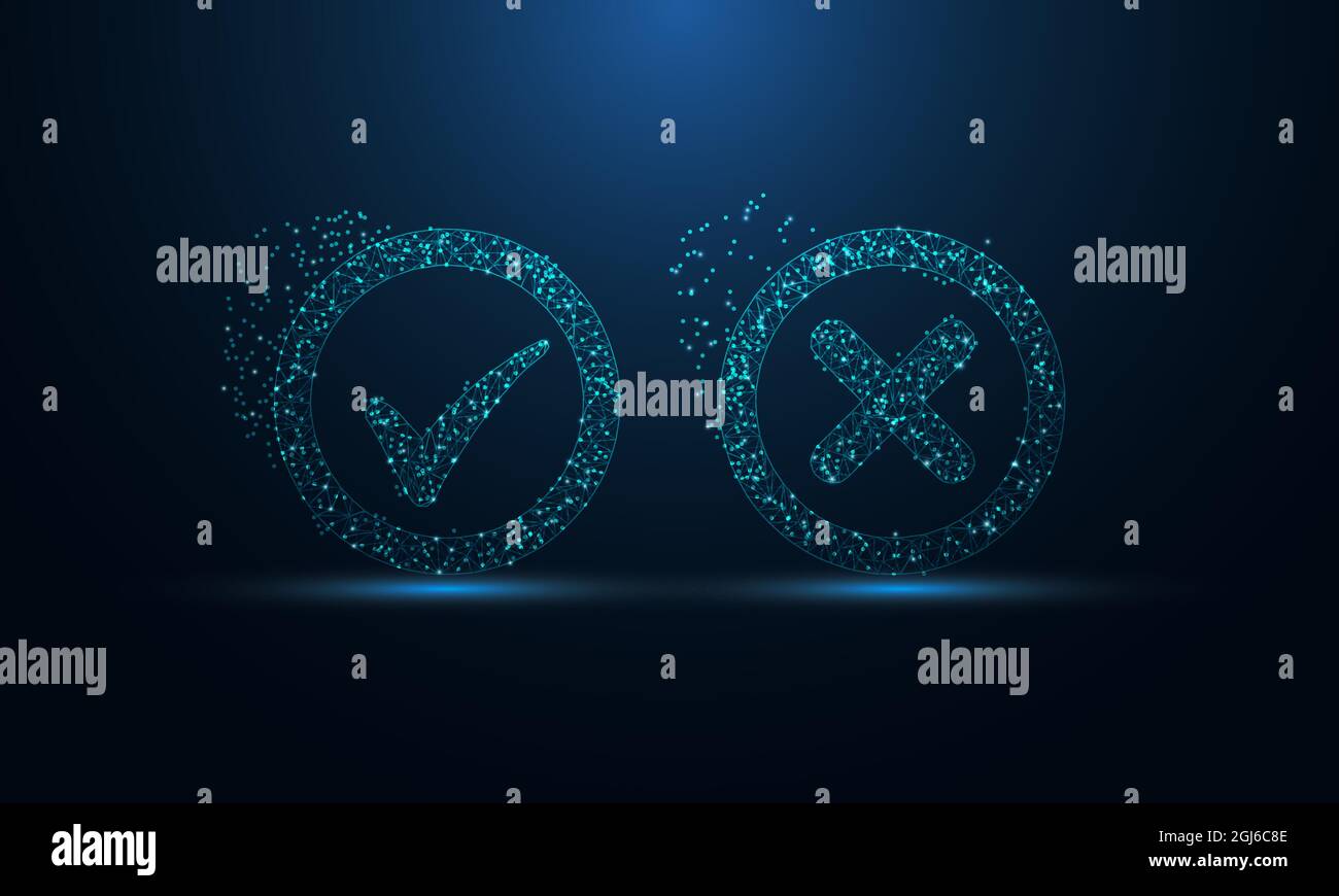 Abstract futuristic image of cross and check mark icon in the form of a starry sky space. consisting of points, light, lines, and shapes in the form o Stock Vector