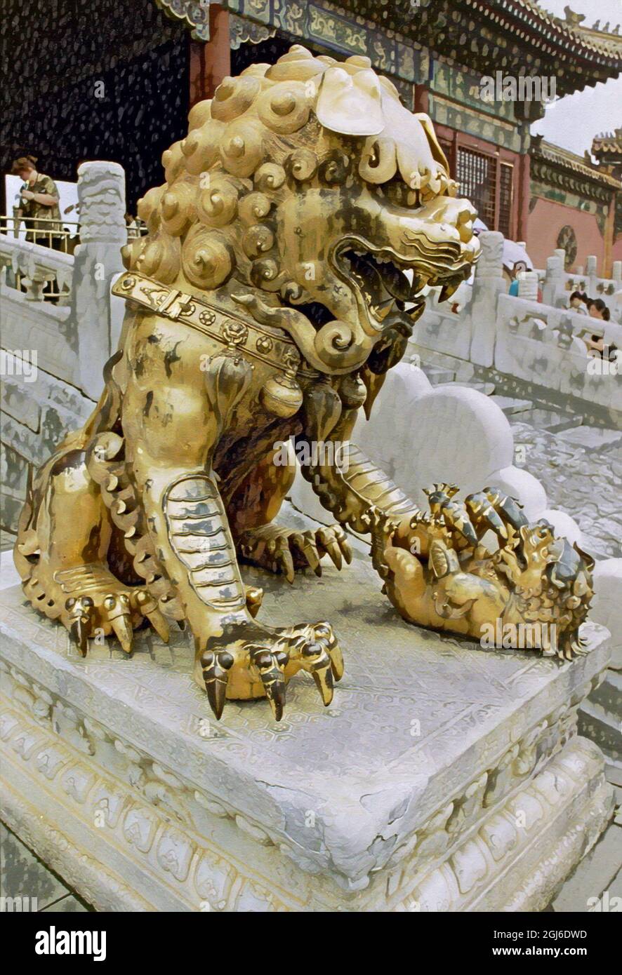 Golden lion at a gate in the The Forbidden City, GuGong, Beijing, China, UNESCO World Heritage Site, Gate of Heavenly Purity, QianQing palace Stock Photo