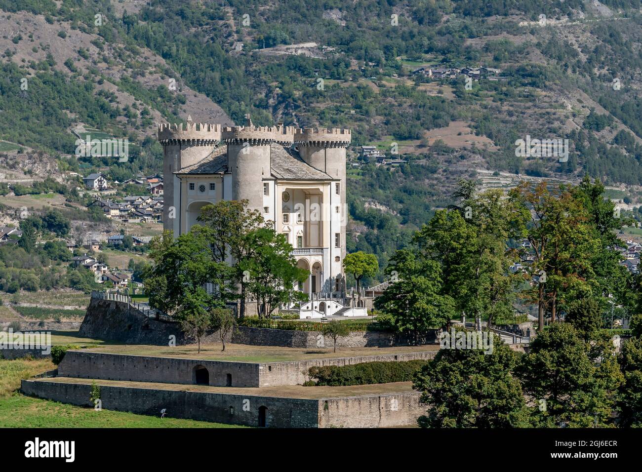 The ancient castle of Aymavilles, Aosta Valley, Italy, completely immersed in the surrounding nature Stock Photo