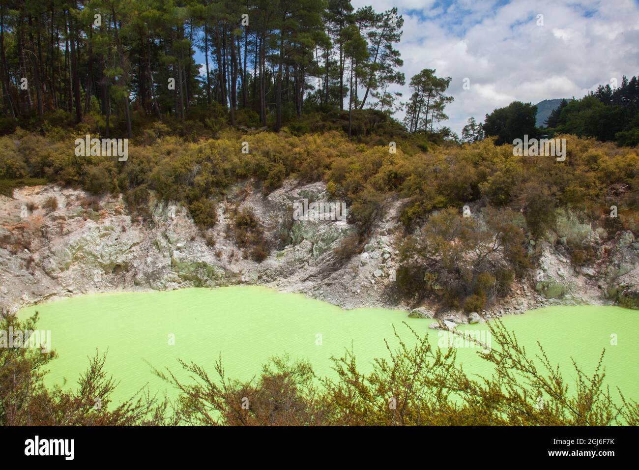 Lake Ngakoro and the Champagne Pool in Wai-O-Tapu Thermal Wonderland in Rotorua, New Zealand. Stock Photo