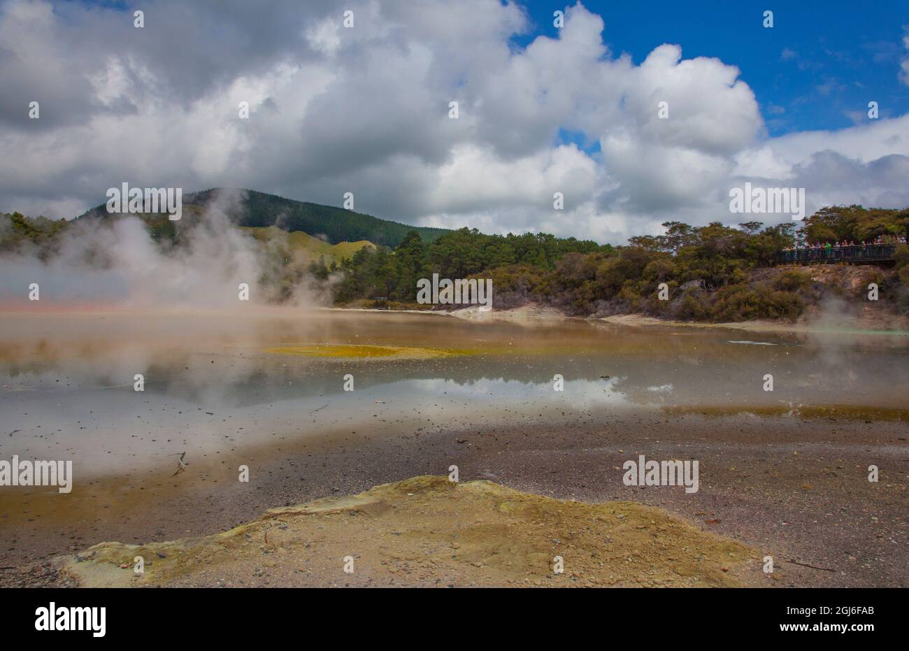 Lake Ngakoro and the Champagne Pool in Wai-O-Tapu Thermal Wonderland in Rotorua, New Zealand. Stock Photo