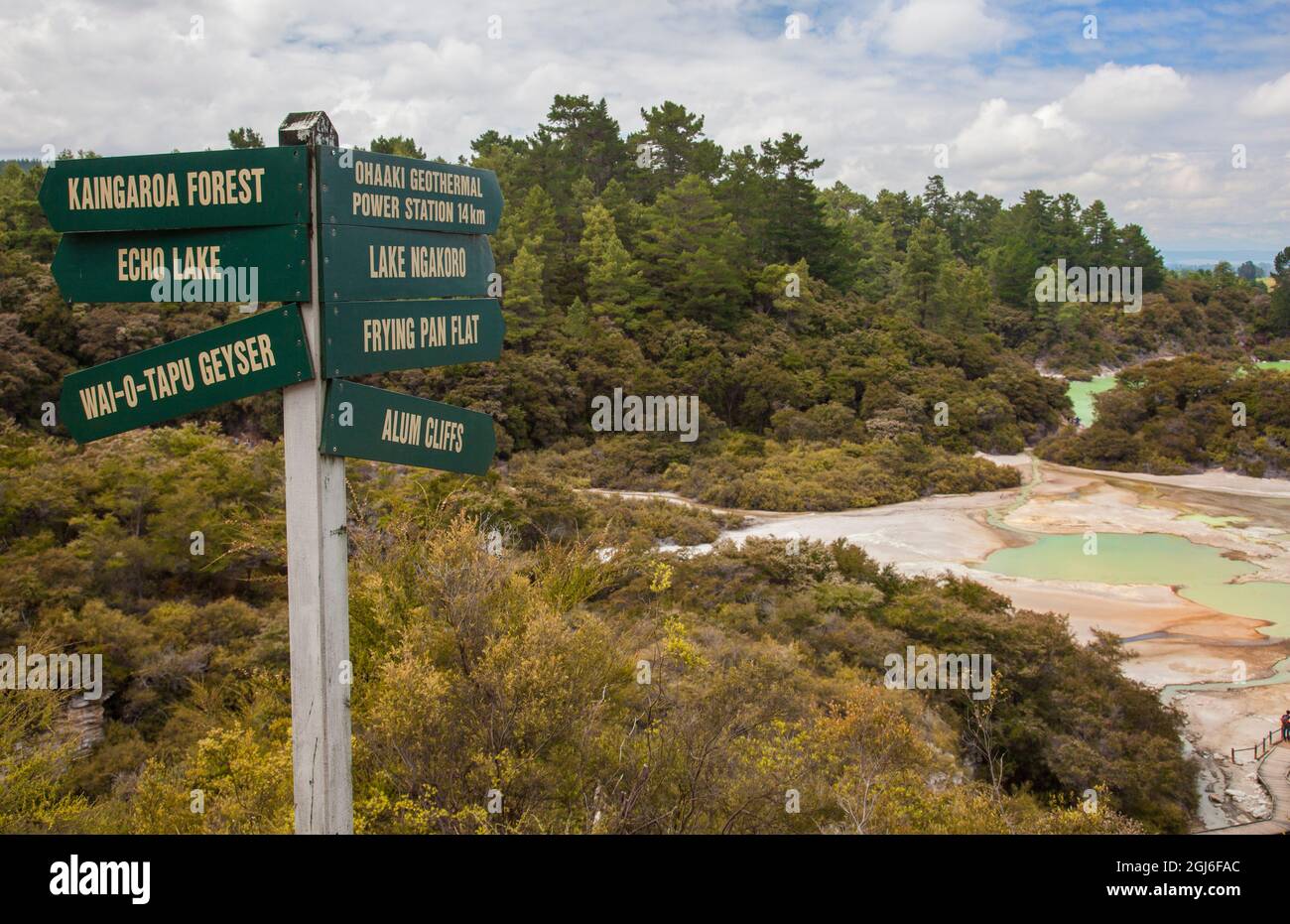 Signs at Lake Ngakoro and the Champagne Pool in Wai-O-Tapu Thermal Wonderland in Rotorua, New Zealand. Stock Photo