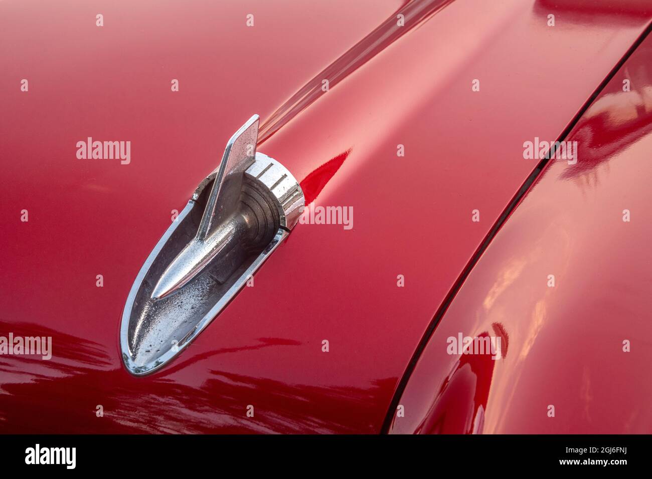Close-up of hood detail of red 57 Chevrolet Bel Air in Habana, Havana, Cuba Stock Photo