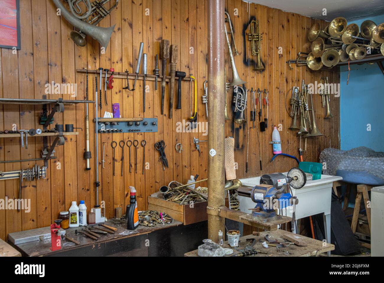 Tools hanging on wall of wind instrument repair shop at the Central