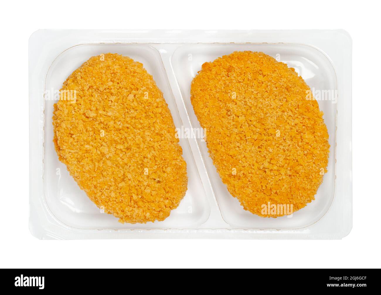Vegan breaded cutlets, in a clear plastic tray. Slices of prefried