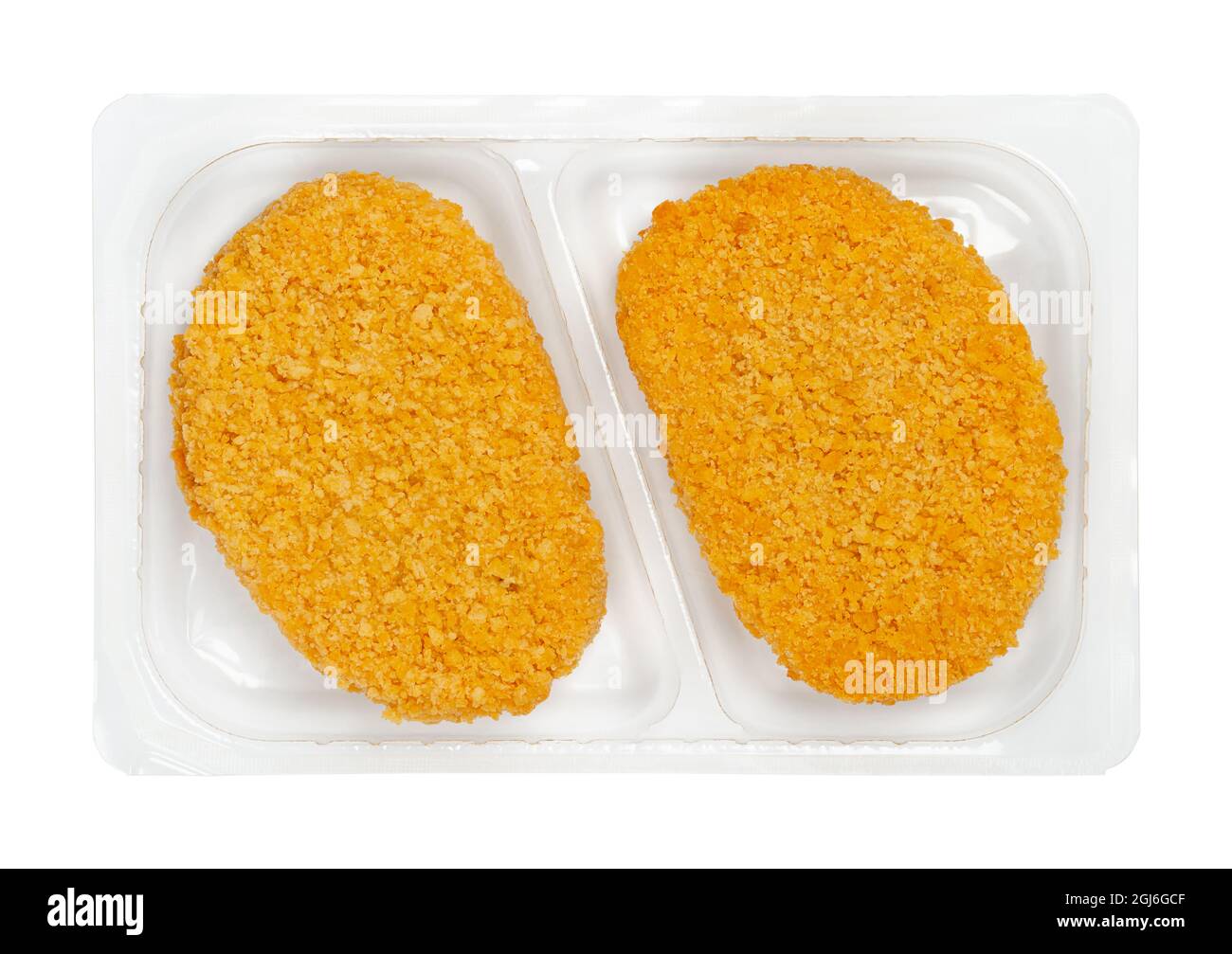 Vegan breaded cutlets, in a clear plastic tray. Slices of pre-fried schnitzel, based on soy protein, a meat substitute, in crispy breading. Stock Photo