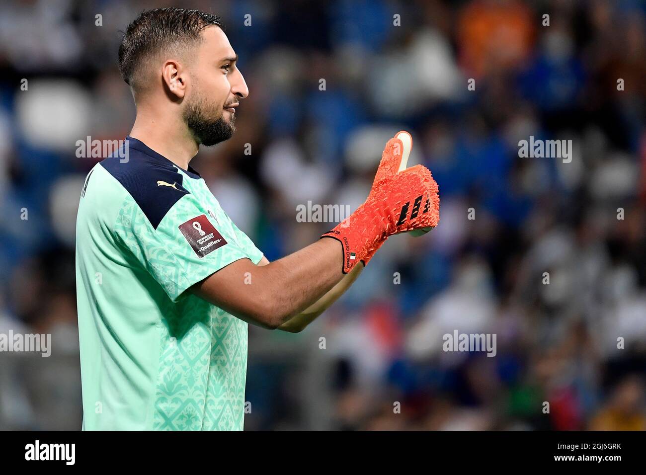 Gianluigi Donnarumma of Italy reacts during the Qatar 2022 world cup qualifying football match between Italy and Lithuania at Citta del tricolore stadium in Reggio Emilia (Italy), September 8th, 2021. Photo Andrea