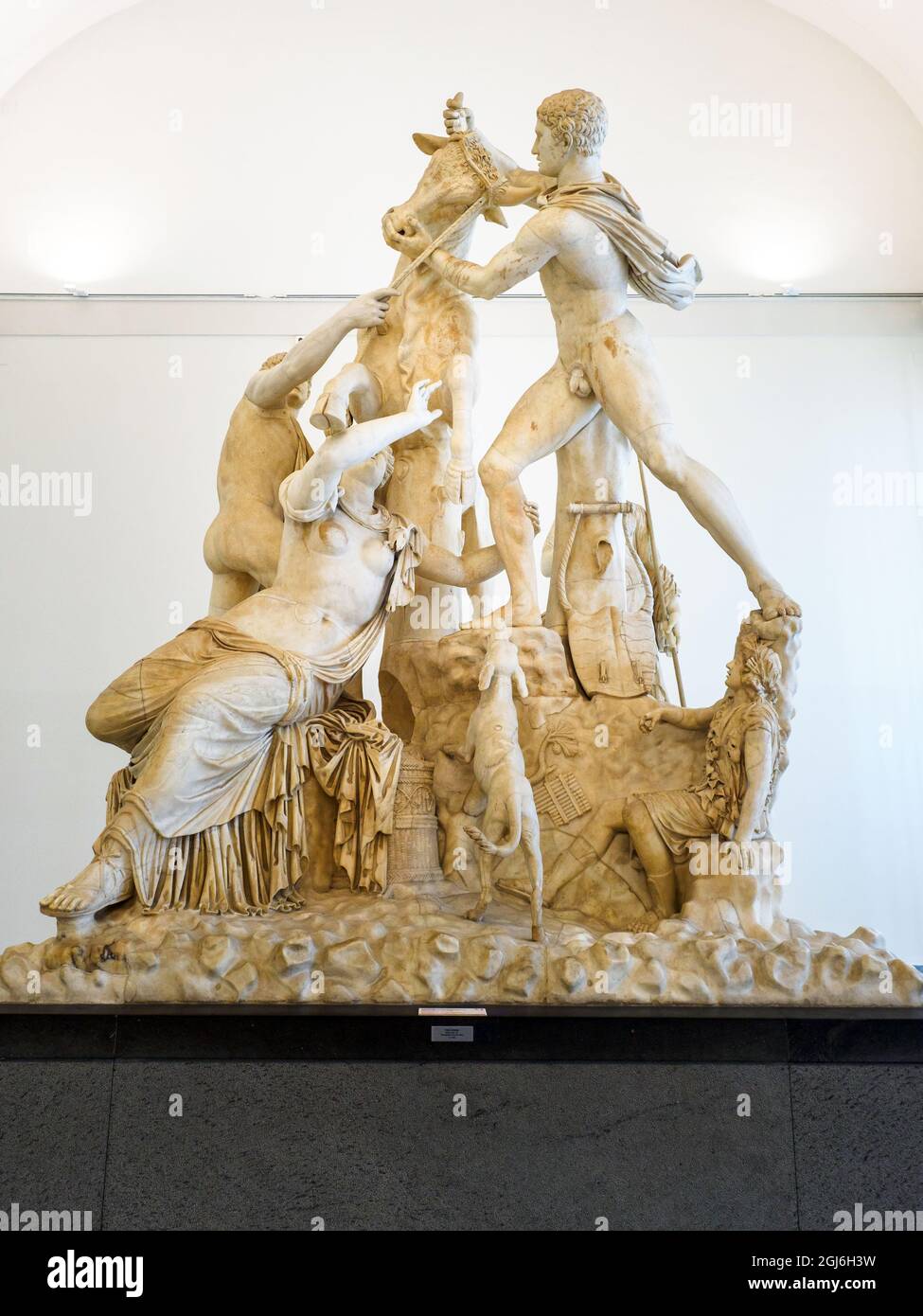 Group with the torment of Dirce (Farnese Bull) by an artist of the first Severian age. Fine grained yellowish white marble, Asian (ancient part). [the group, drawn by an only block of marble, was discovered in fragmented condition, it has thickly been integrated in several parts from sixteenth, eighteenth and nineteenth century restoriations that have used various qualities of marbles] -  National Archaeological Museum of Naples, Italy Stock Photo