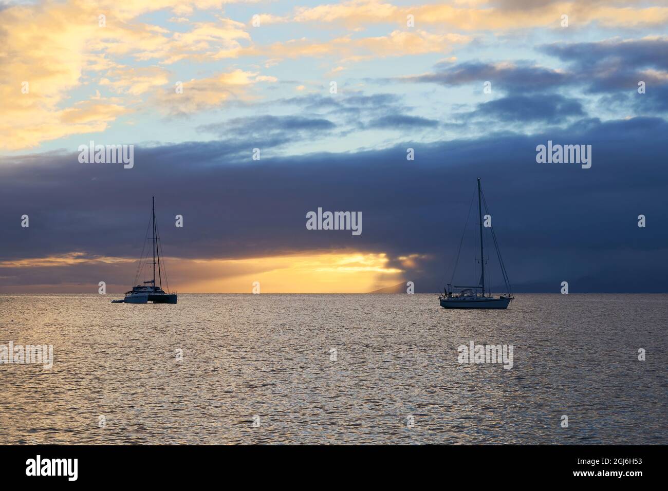 Caribbean, French West Indies, Guadeloupe. Marie-Galante Island, part of France. Sunset anchorage in Saint-Louis Bay on northwest side of island. Stock Photo