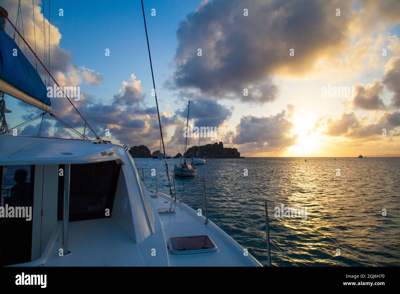 Aboard a Catamaran in Bay of Gustavia, St. Barts Island. Stock Photo