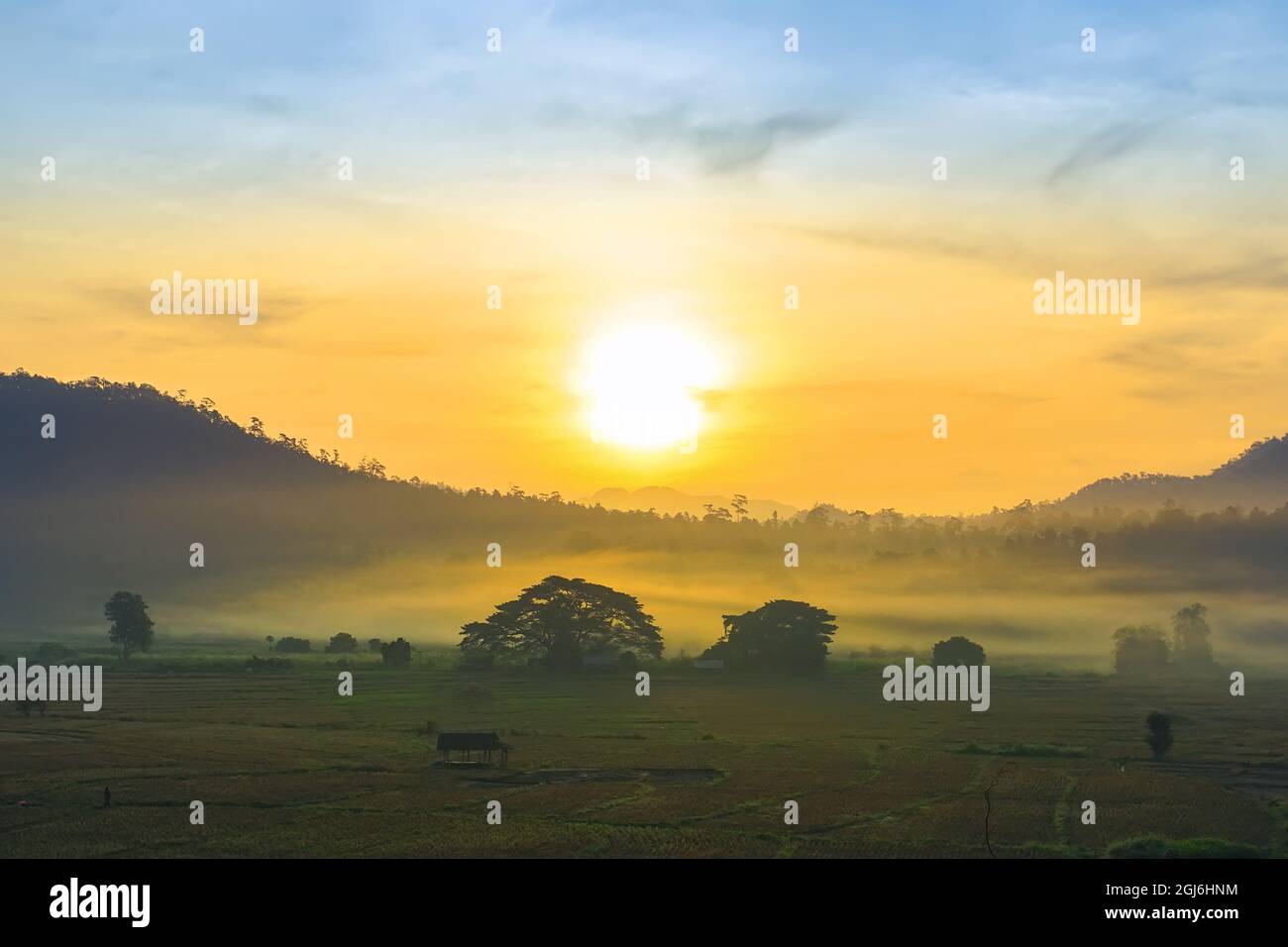 Countryside sunrise at khun yuam district, Mae Hong Son Province, Thailand. Stock Photo