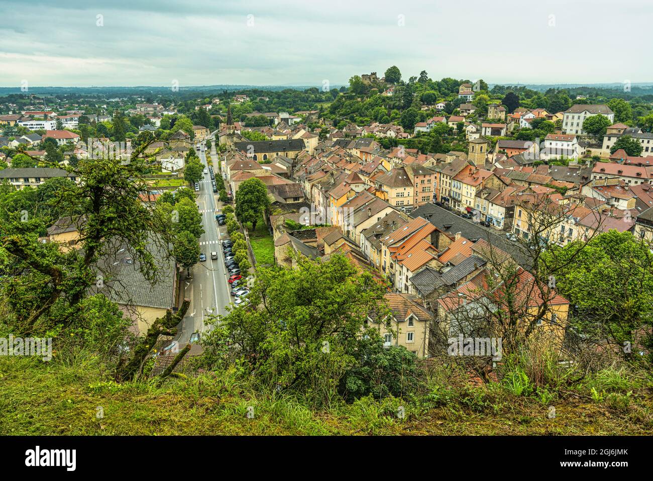 The city of Crèmieu in France seen from the top of the Benedictine priory of Sant Ippolito. Crémieu, Auvergne-Rhône-Alpes region,France Stock Photo