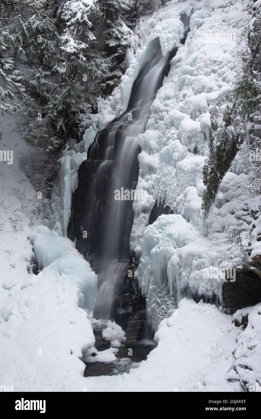 Black and white of partially frozen Fletcher Falls, British Columbia ...