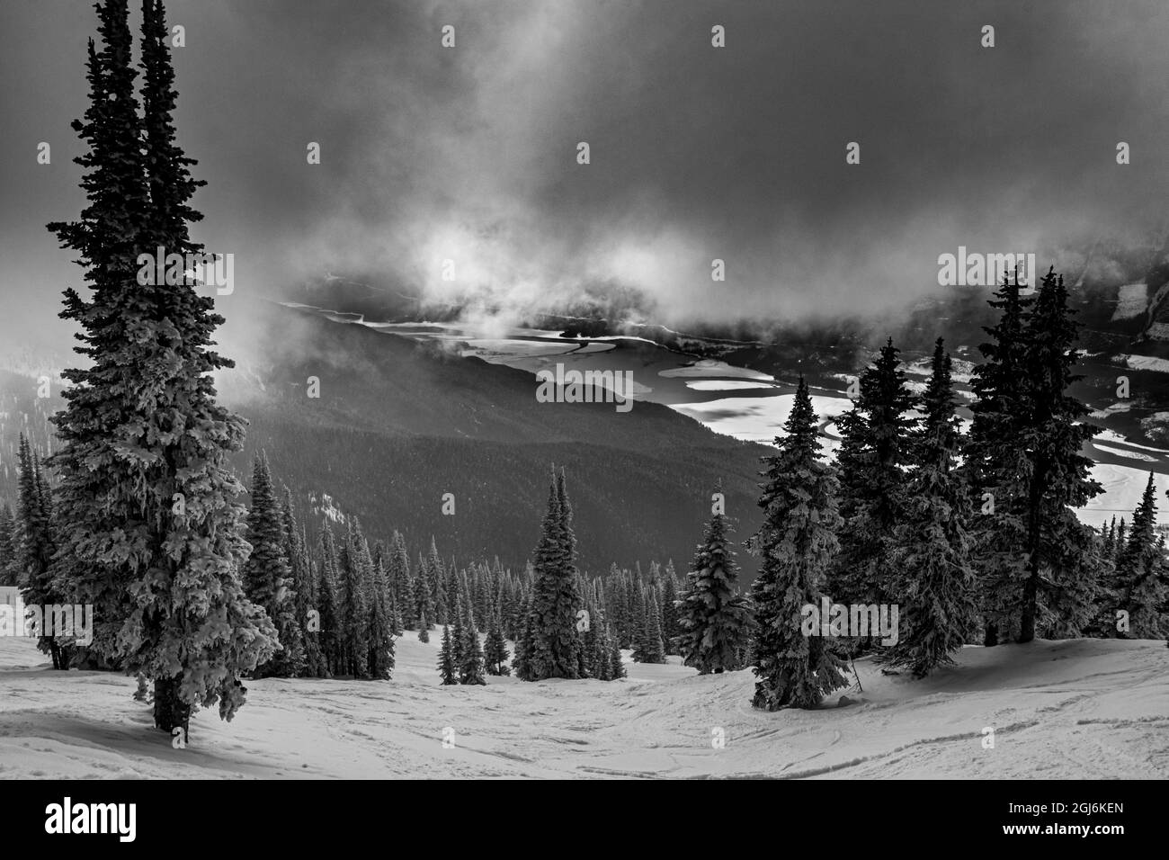 Black and white landscape from Revelstoke Mountain Resort, British Columbia, Canada. Stock Photo
