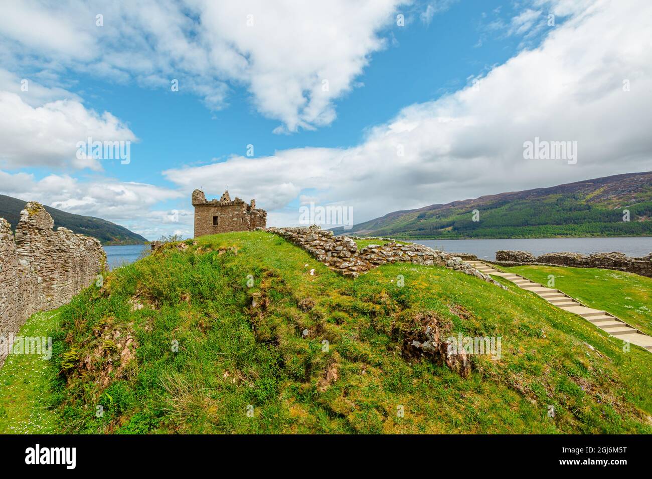Urquhart Castle beside Loch Ness in Scotland, United Kingdom. Close to Drumnadrochit and Inverness. It's one of the most visited castles for the Stock Photo