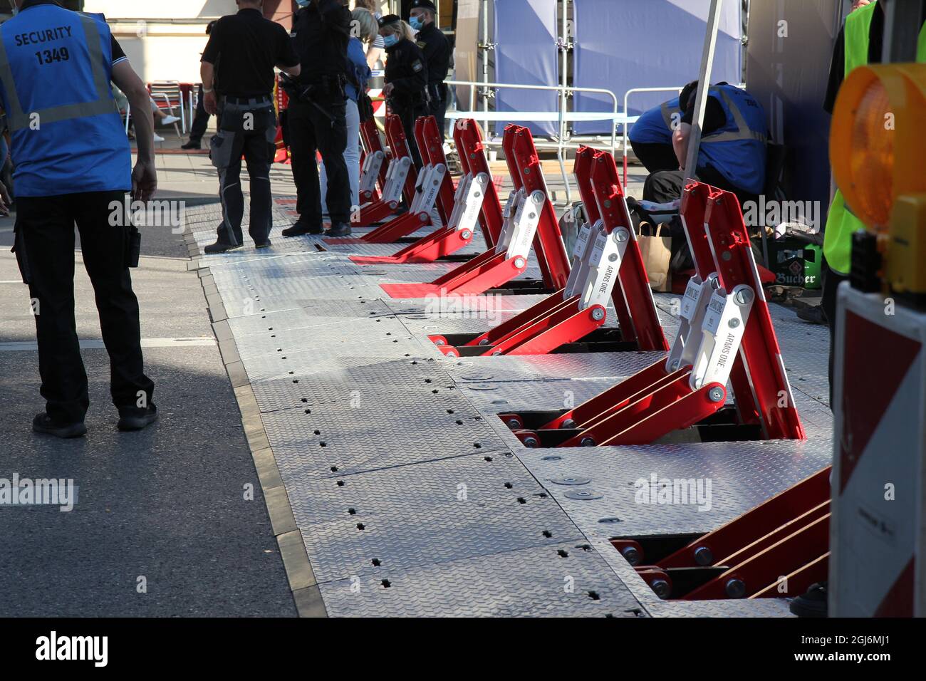 Anti terror barrier, truck stopper placed at the entrance of the IAA, Internationale Automobil Ausstellung. 09.08.2021. Stock Photo