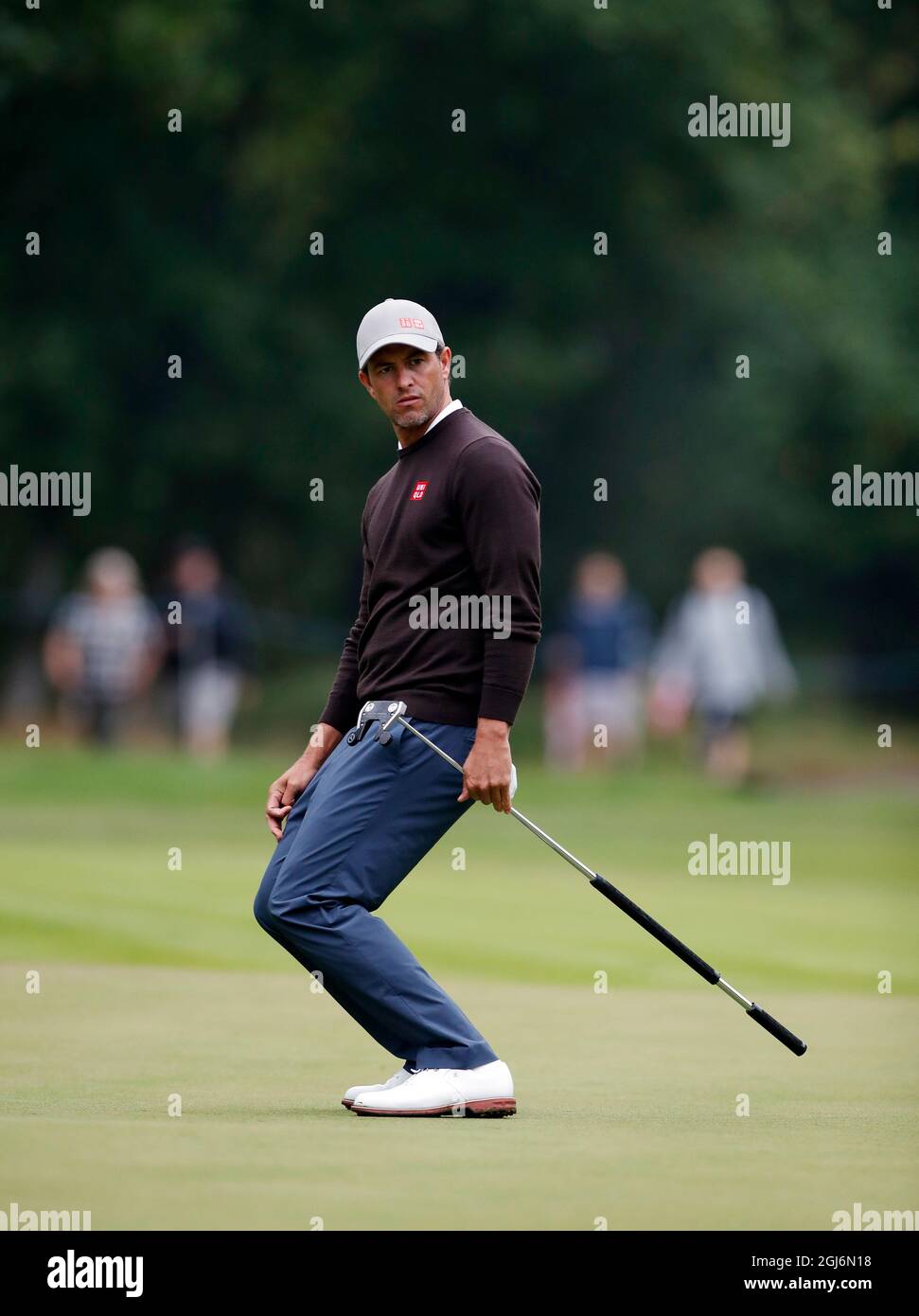 Golf - European Tour - BMW PGA Championship - Wentworth Golf Club, Virginia  Water, Britain - September 9, 2021 Australia's Adam Scott reacts as he  watches his putt during the first round