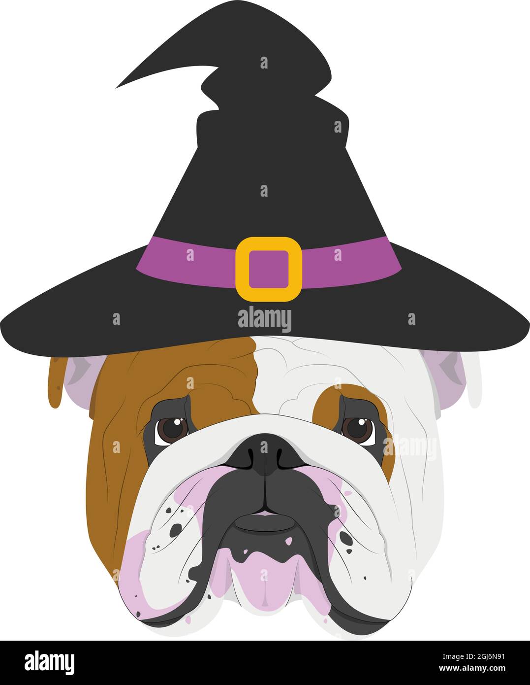 Halloween greeting card. English Bulldog dog dressed as a witch with black hat Stock Vector