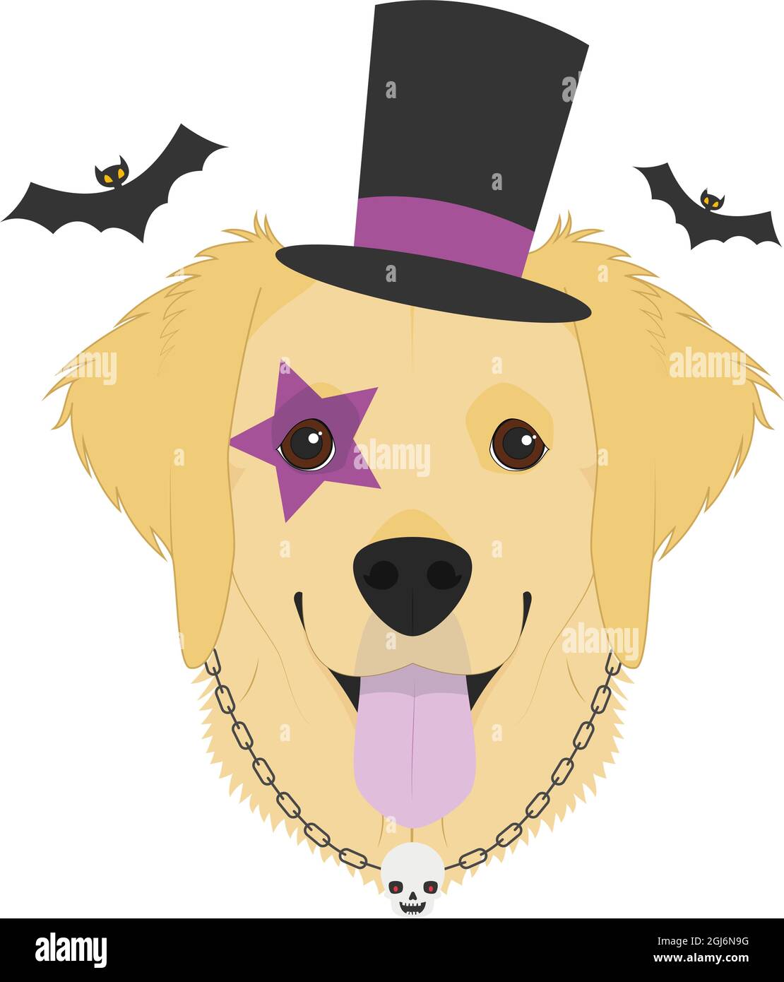 Halloween greeting card. Golden Retriever dog with top hat, chain necklace and a skull, and an eye tattoo Stock Vector