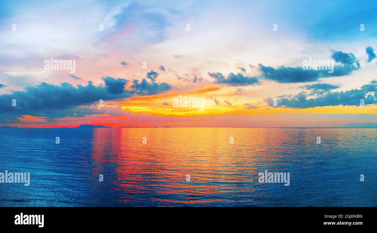Beautiful sea sunset landscape sunrise seascape, tropical island beach exotic nature, blue water ocean waves, colorful sky sun clouds, summer holidays Stock Photo