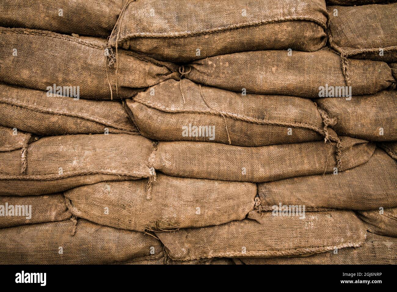 Canada, Nova Scotia, Halifax. Military display for the end of World War One centennial, trench sandbags. Stock Photo