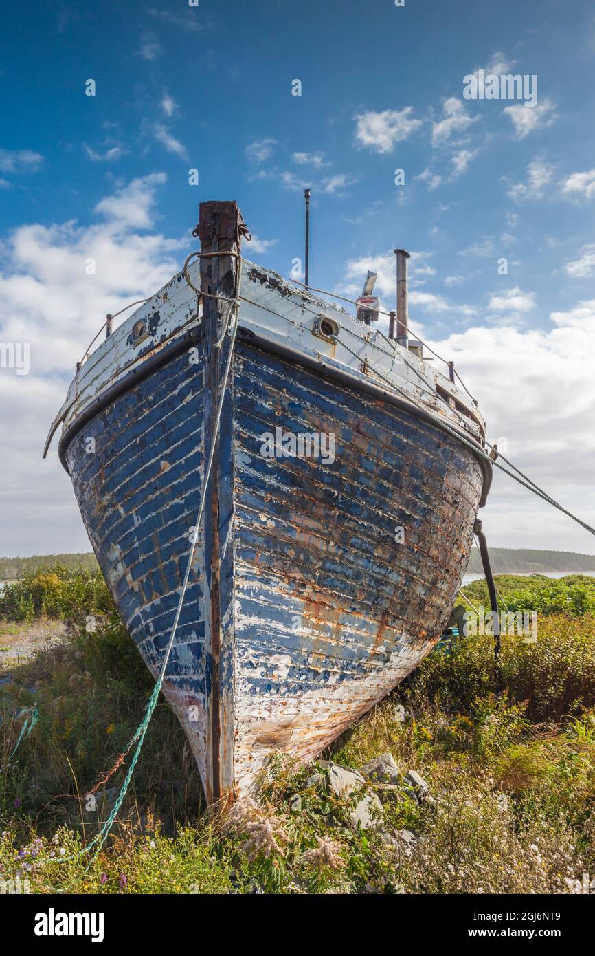 Canada, Nova Scotia, Marie Joseph. Wrecked wooden fishing boat. Stock Photo