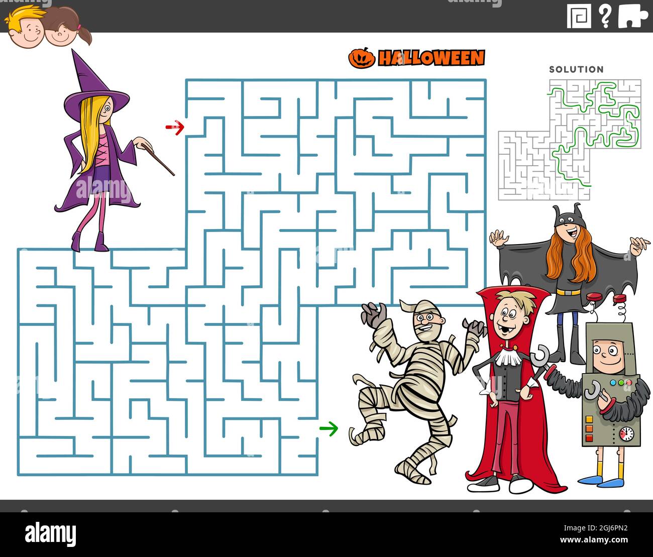 Cartoon illustration of educational maze puzzle game with kids on Halloween time Stock Vector