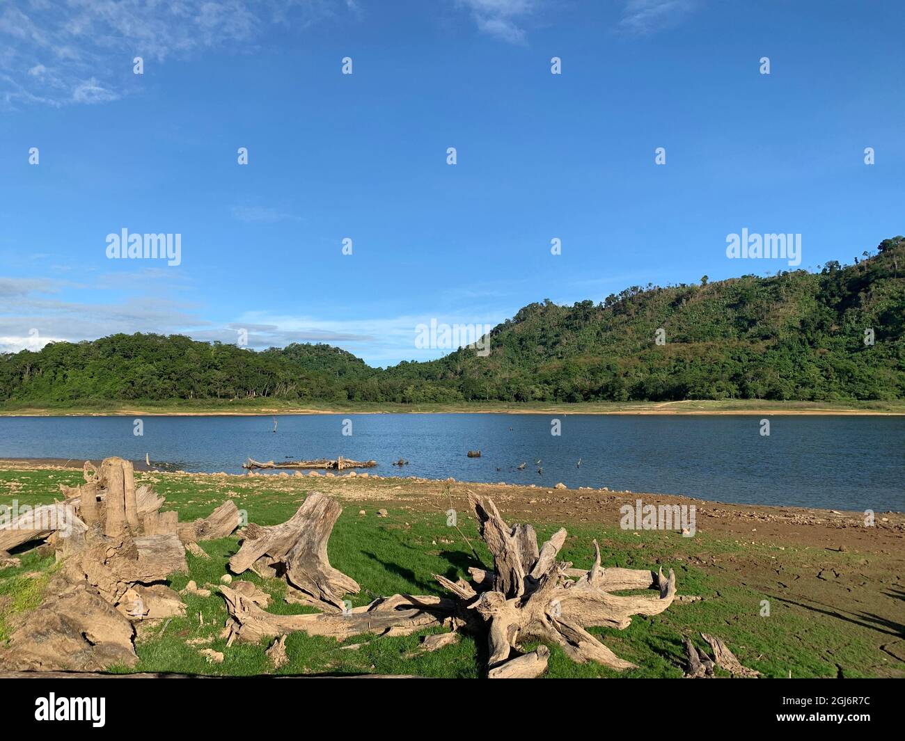 Landscape of beautiful reservoir in summer season in Nakornnayok province, Thailand Stock Photo