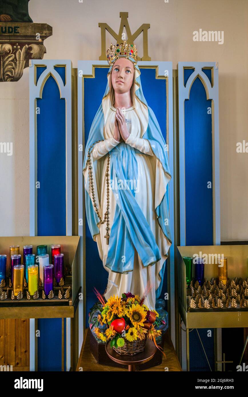 Canada, Prince Edward Island, Tignish. St. Simon and St. Jude Catholic Church, Virgin Mary statue. Stock Photo