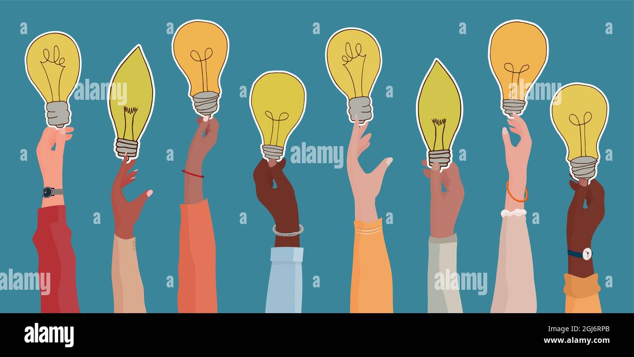 Raised arms of diverse and multi-ethnic business people holding a light bulb shaped label as a concept of innovation or startup or collaboration Stock Vector