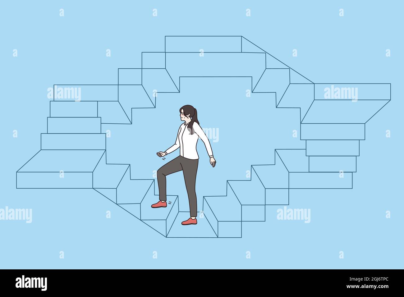 Work, career and success business concept. Young business woman walking up endless stairs on circle vector illustration over blue background  Stock Vector