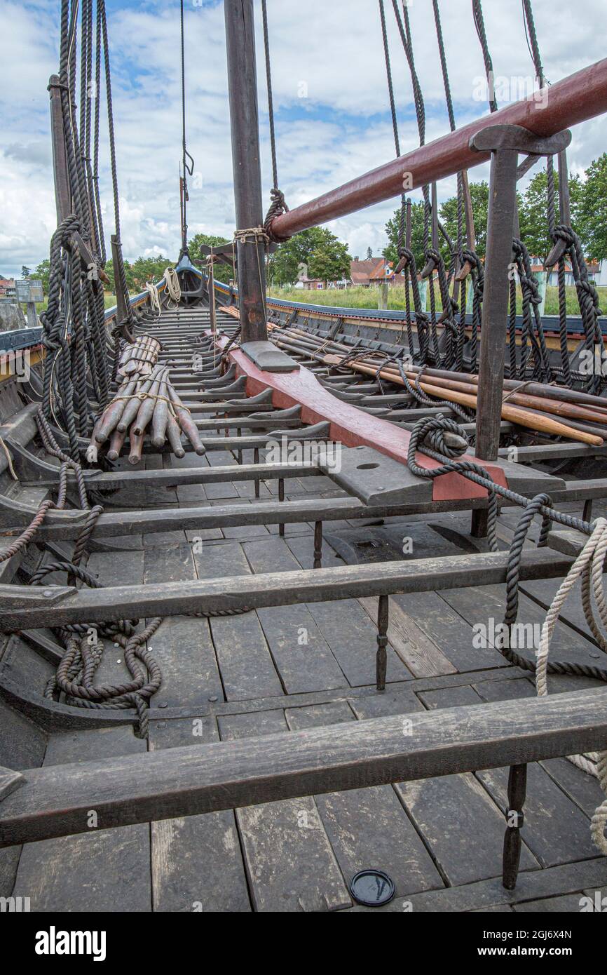 Handbuilt original Viking ships. Only original materials and no nails. Museum. Roskilde, Denmark. Stock Photo