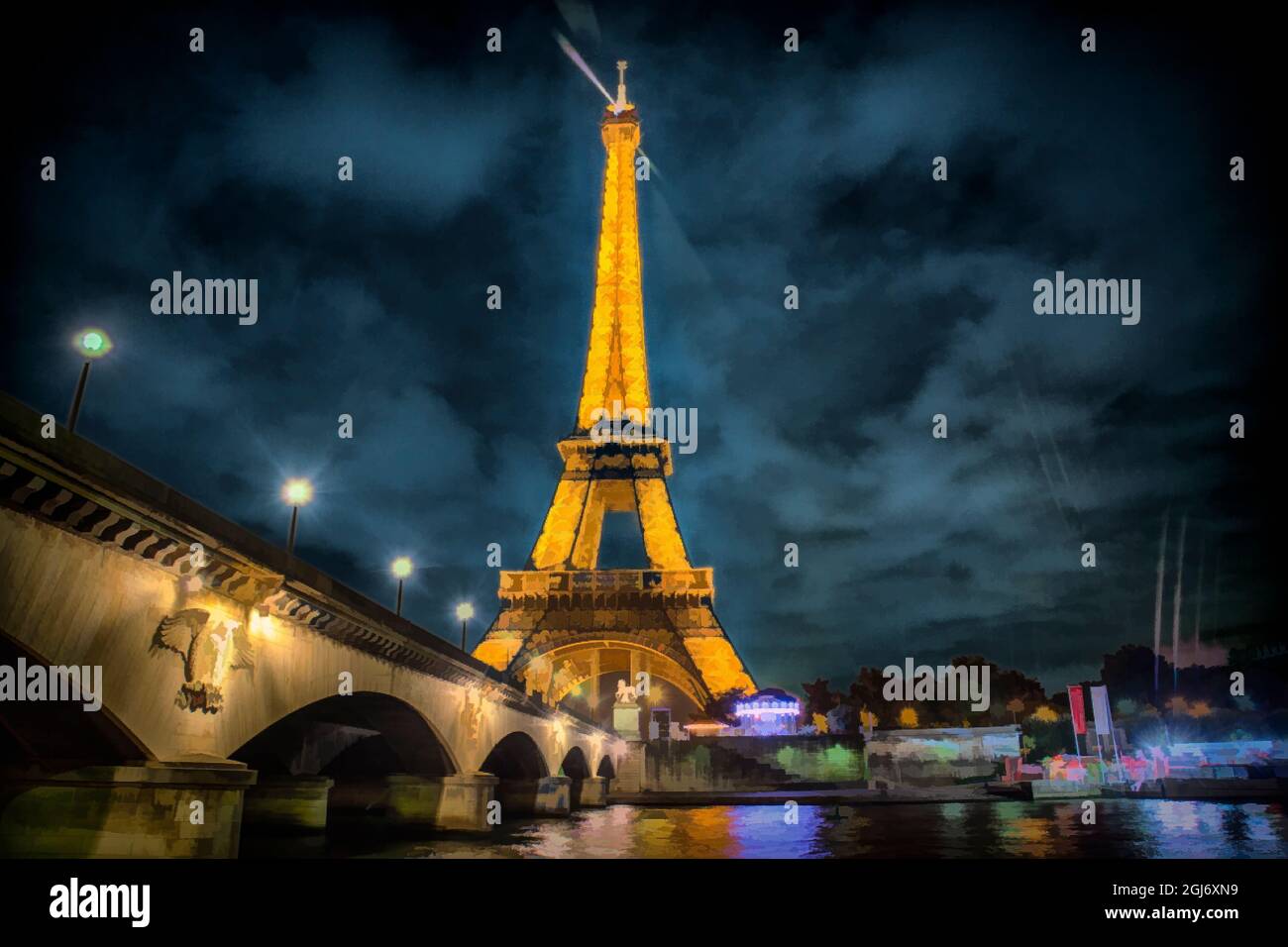 France, Paris. Painterly rendition of the Eiffel Tower and environs. Stock Photo