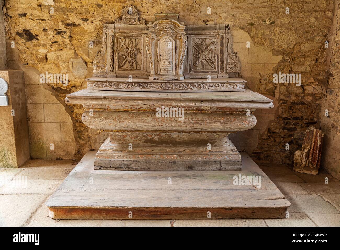 Europe, France, Haute-Vienne, Oradour-sur-Glane. Altar in the ruined stone church in the martyr village of Oradour-sur-Glane. (Editorial Use Only) Stock Photo