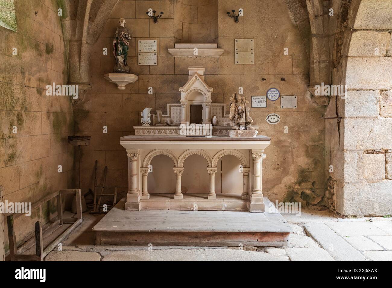 Europe, France, Haute-Vienne, Oradour-sur-Glane. Altar in the ruined stone church in the martyr village of Oradour-sur-Glane. (Editorial Use Only) Stock Photo