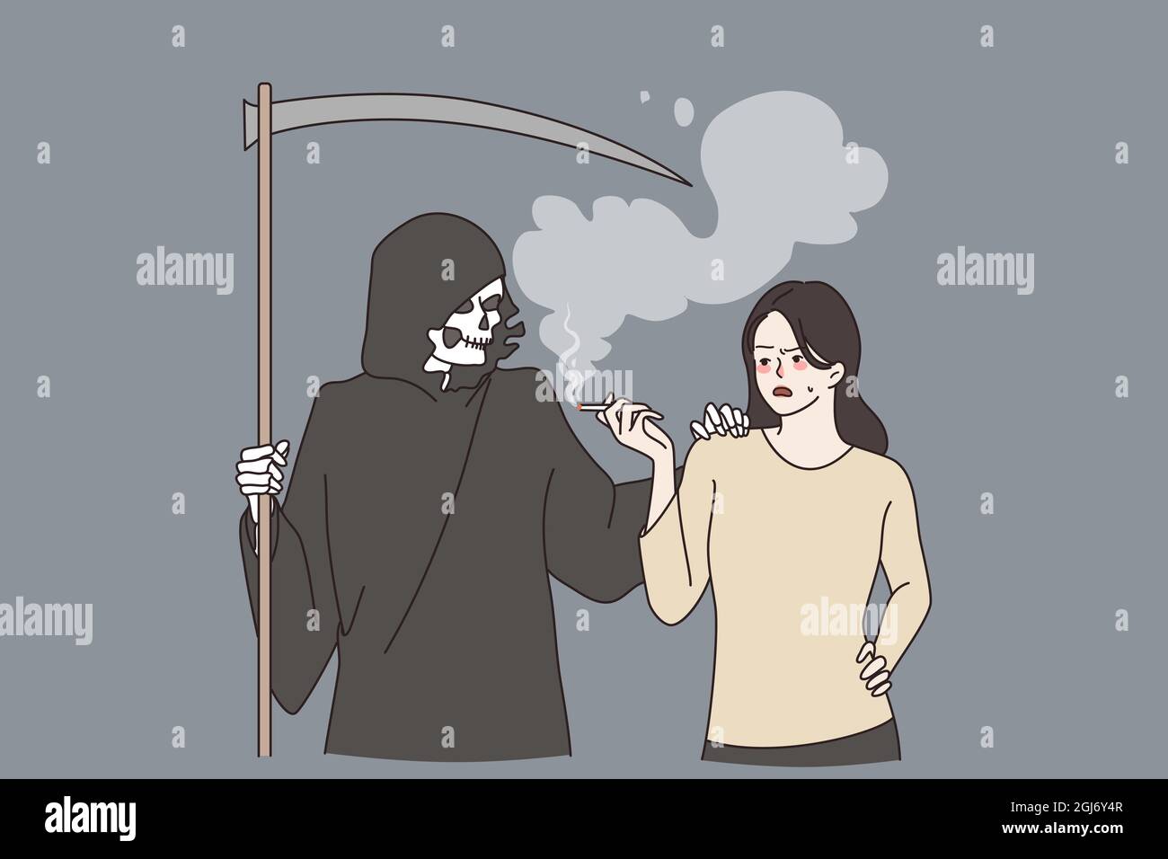 Addiction to smoking and death concept. Death character in hood