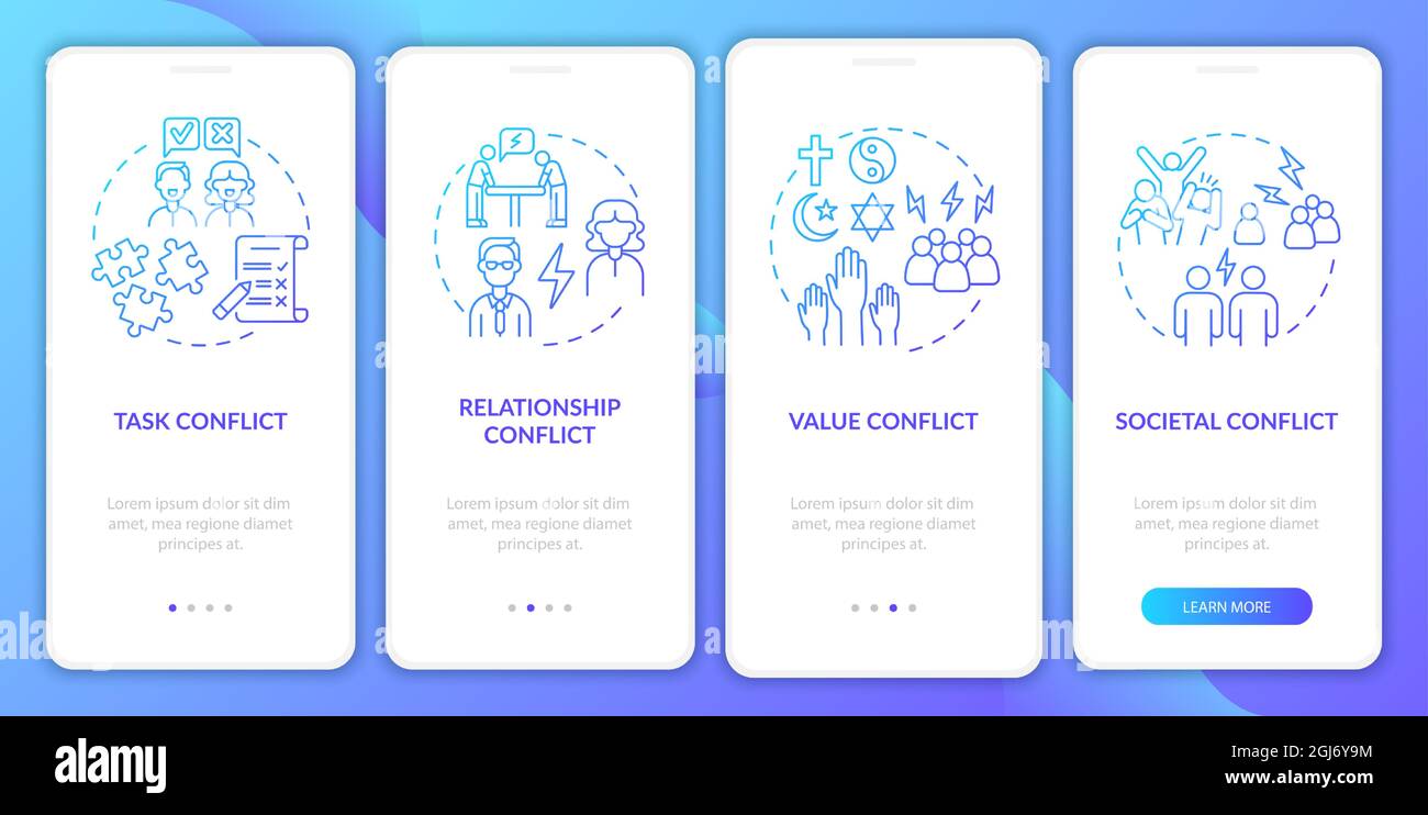Conflict types blue gradient onboarding mobile app page screen Stock Vector