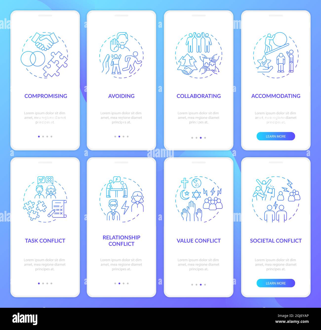 Conflict management blue gradient onboarding mobile app page screen set Stock Vector