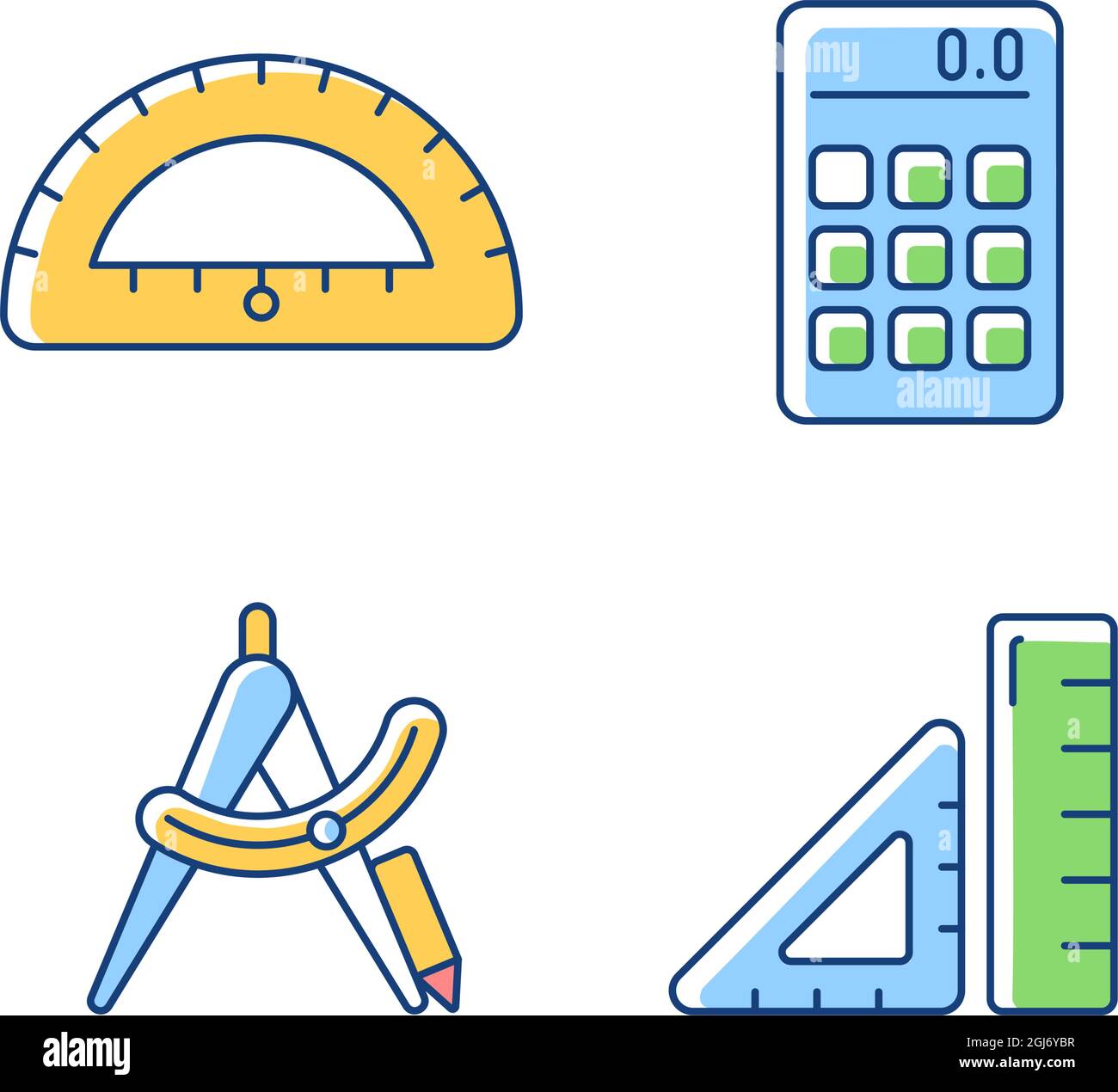 Architecture student tools RGB color icons set Stock Vector