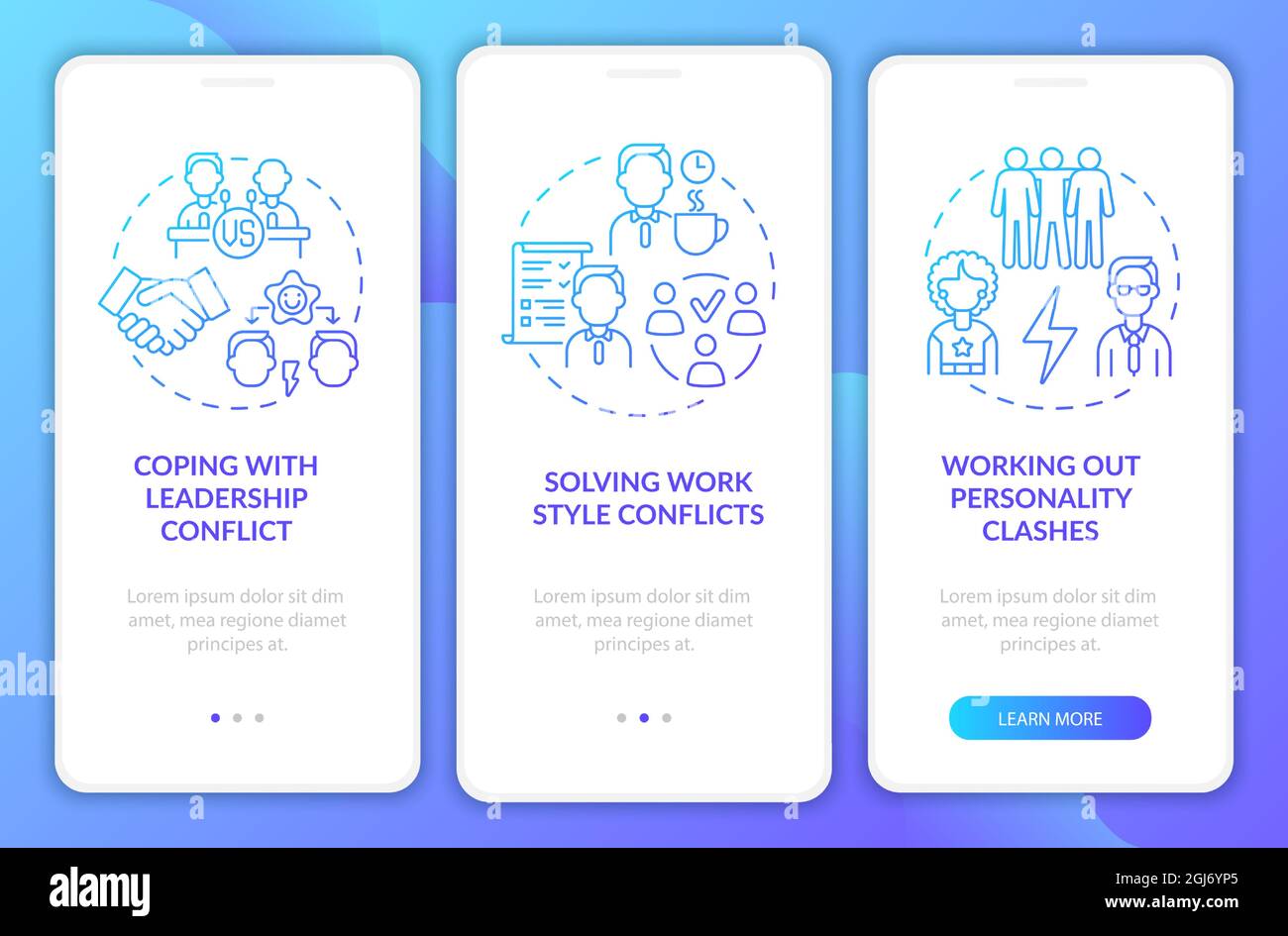 Team conflicts blue gradient onboarding mobile app page screen Stock Vector