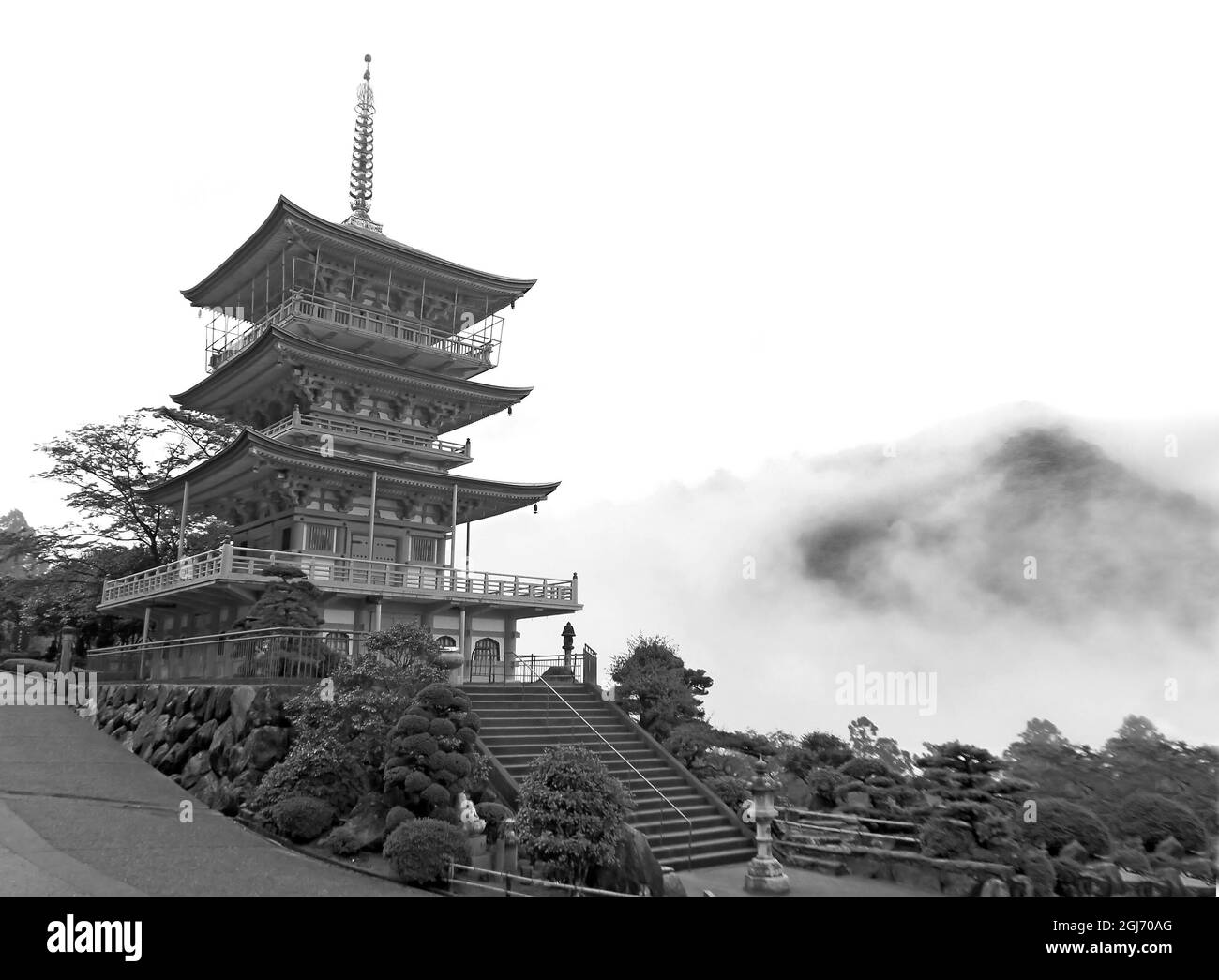 Gorgeous Three-storey Pagoda of Seigantoji Temple, Wakayama Prefecture, Japan in Monochrome Stock Photo
